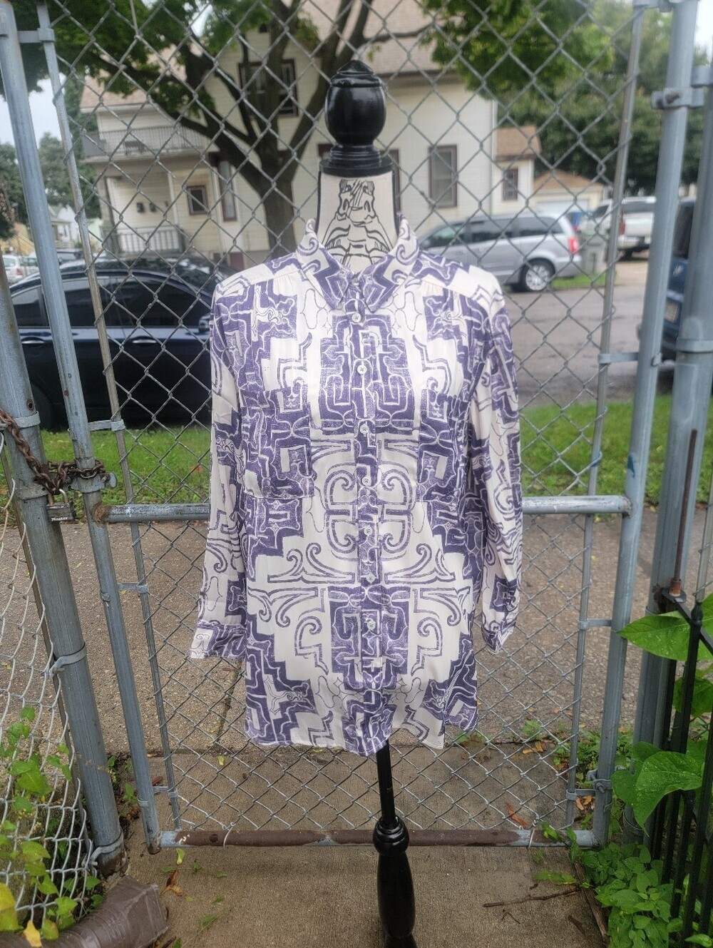 NWT By Anthropologie Purple Ivory Printed Button Down Tunic Blouse XLP Petite